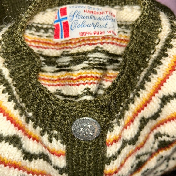 Fair Isle Norwegian Design pewter stamped buttons green gold orange cardigan M - Picture 2 of 6